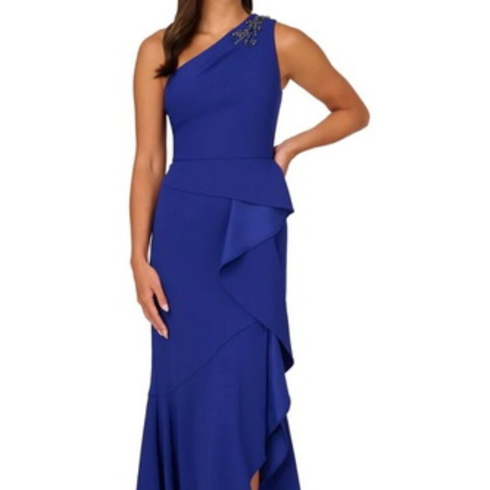 Papell Midnight Royal Sapphire Blue Beaded One-Shoulder Crepe Gown